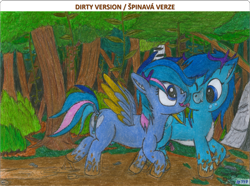 Size: 2011x1497 | Tagged: explicit, artist:vovi, oc, oc:isabelle fairy, oc:lucas fairy, antlers, anus, brother and sister, butt, casual nudity, colt, crotchboobs, deer, deer pony, dirty anus, dock, face licking, fawn, female, filly, foal, foalcon, forest, hybrid, imported from derpibooru, licking, male, mud, muddy, muddy hooves, nipples, nudity, oc only, older, original species, pegadeer, pegasus, penis, peryton, plot, ponut, pony, siblings, tail, teats, traditional art, twins, vulva, walking
