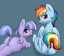 Size: 3698x3237 | Tagged: explicit, artist:dumbwoofer, rainbow dash, anus, blank flank, butt, butt freckles, dock, duo, duo female, ear fluff, female, females only, filly, foal, foalcon, freckles, g4, high res, imported from derpibooru, looking at you, looking back, looking back at you, lying down, mare, nudity, open mouth, pegasus, plot, pony, presenting, prone, rainbutt dash, raised tail, rear view, simple background, sitting, smiling, sprintbutt, tail, vulva, wind sprint