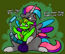 Size: 1554x1284 | Tagged: explicit, artist:faerienougat, oc, oc:faerie nougat, oc:tinker light, age difference, alicorn, blush sticker, blushing, colt, duo, foal, foalcon, futa, futa oc, futa on colt, futa on male, glasses, horsecock, imminent sex, imported from derpibooru, intersex, lube, male, nudity, oc only, penis, pony, size difference, spread wings, unicorn, wingboner, wings