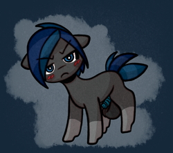 Size: 1407x1245 | Tagged: explicit, artist:faerienougat, oc, oc:ezeeltar, angry, balls, big balls, blank flank, blushing, earth pony, foal, foalcon, frown, futa, futa filly, futa oc, horsecock, imported from derpibooru, intersex, large balls, looking at you, nightmare, nudity, oc only, penis, pony, solo, solo futa