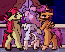 Size: 2500x2000 | Tagged: explicit, artist:faerienougat, apple bloom, scootaloo, sweetie belle, alternate version, anal insertion, anal tail plug, anatomically correct, anus, arm hooves, bone gag, butt, buttplug, cutie mark crusaders, dark genitals, earth pony, embarrassed, female, females only, filly, floppy ears, foal, foalcon, g4, gag, high res, imported from derpibooru, insertion, kitten play, looking at you, looking back, looking back at you, multiple variants, nervous, nudity, pegasus, pet play, plot, ponut, presenting, puppy play, rear view, semi-anthro, sex toy, trio, unicorn, vulva