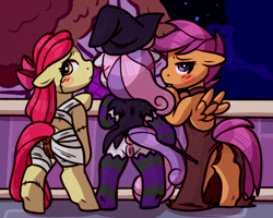Size: 2500x2000 | Tagged: explicit, artist:faerienougat, apple bloom, scootaloo, sweetie belle, alternate version, anatomically correct, anus, arm hooves, butt, clothes, costume, cutie mark crusaders, dark genitals, earth pony, embarrassed, female, females only, filly, floppy ears, foal, foalcon, g4, halloween, halloween costume, high res, holiday, implied tail hole, imported from derpibooru, looking at you, looking back, looking back at you, multiple variants, mummy, mummy costume, nervous, nudity, pegasus, plot, ponut, presenting, rear view, semi-anthro, tail, trio, undead, unicorn, vampire, vampire costume, vulva, witch, witch costume