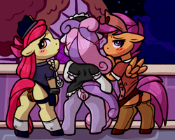 Size: 2500x2000 | Tagged: explicit, artist:faerienougat, apple bloom, scootaloo, sweetie belle, alternate version, anatomically correct, anus, arm hooves, butt, clothes, costume, crotchless, cutie mark crusaders, dark genitals, earth pony, embarrassed, female, females only, filly, floppy ears, foal, foalcon, g4, halloween, halloween costume, high res, holiday, implied tail hole, imported from derpibooru, legwear, looking at you, looking back, looking back at you, maid, multiple variants, nervous, nudity, nurse, nurse outfit, pegasus, plot, police, police uniform, ponut, presenting, rear view, semi-anthro, skirt, socks, tail, thigh highs, tights, trio, unicorn, upskirt, vulva