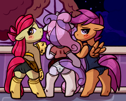 Size: 2500x2000 | Tagged: questionable, artist:faerienougat, apple bloom, scootaloo, sweetie belle, alternate version, arm hooves, butt, cameltoe, cheerleader, cheerleader outfit, clothes, costume, cutie mark crusaders, earth pony, embarrassed, female, females only, filly, floppy ears, foal, foalcon, g4, halloween, halloween costume, high res, holiday, implied tail hole, imported from derpibooru, looking at you, looking back, looking back at you, multiple variants, nervous, one-piece swimsuit, panties, pegasus, plot, presenting, rear view, school swimsuit, school uniform, semi-anthro, striped underwear, swimsuit, tail, tail hole, trio, underwear, unicorn