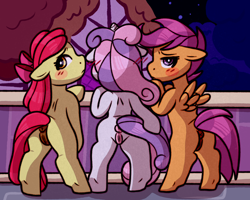Size: 2500x2000 | Tagged: explicit, artist:faerienougat, apple bloom, scootaloo, sweetie belle, alternate version, anatomically correct, anus, arm hooves, butt, cutie mark crusaders, dark genitals, earth pony, embarrassed, female, females only, filly, floppy ears, foal, foalcon, g4, high res, imported from derpibooru, line-up, looking at you, looking back, looking back at you, multiple variants, nervous, nudity, pegasus, plot, plotline, ponut, presenting, rear view, semi-anthro, trio, trio female, unicorn, vulva
