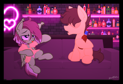 Size: 2100x1436 | Tagged: explicit, artist:sherathoz, oc, oc:watermelon success, bottle, clothes, commission, couch, female, filly, foal, foalcon, imported from derpibooru, male, nightclub, nudity, oc only, panties, pegasus, pony, presenting, presenting pussy, stallion, underwear, vagina, vulva