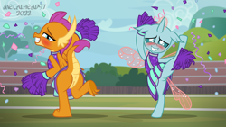 Size: 8000x4500 | Tagged: explicit, artist:metalhead97, alternate version, anus, ass, blushing, buckball field, buckball season, bugbutt, butt, changeling, cheerleader, cheerleader ocellus, cheerleader outfit, cheerleader smolder, clothes, commission, confetti, dragon, dragonbutt, dragoness, duo, duo female, exhibitionism, female, field, foalcon, g4, grin, imported from derpibooru, lidded eyes, looking at you, my little pony: friendship is magic, nervous, nervous smile, nudity, ocellus, pom pom, public, public nudity, raised hoof, raised leg, raised tail, show accurate, show accurate porn, skirt, skirt lift, skirt pull, smiling, smiling at you, smolder, smolderriere, spread legs, spread wings, spreading, tail, underwear, vulva, wings