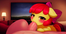 Size: 2176x1152 | Tagged: explicit, apple bloom, ai composition, ai content, bedroom, blowjob, blushing, earth pony, female, filly, foal, foalcon, g4, generator:stable diffusion, human, human male, human male on filly, human on pony action, imported from derpibooru, interspecies, lamp, looking at you, male, nudity, offscreen character, oral, penis, pony, pov, sex, straight, television, vein, veiny cock