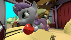 Size: 3840x2160 | Tagged: questionable, applejack, sweetie belle, 3d, :p, anonymous artist, apple, derpibooru exclusive, earth pony, eating, female, filly, foal, foalcon, food, g4, high res, implied analingus, implied oral, implied sex, imported from derpibooru, lesbian, mare, pony, ship:sweetiejack, shipping, source filmmaker, sweet apple acres, sweet apple acres barn, tongue out, unicorn