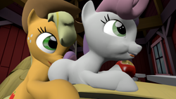Size: 3840x2160 | Tagged: questionable, applejack, sweetie belle, 3d, :p, anonymous artist, apple, derpibooru exclusive, earth pony, eating, female, filly, foal, foalcon, food, g4, high res, implied analingus, implied oral, implied sex, imported from derpibooru, lesbian, mare, pony, ship:sweetiejack, shipping, source filmmaker, sweet apple acres barn, tongue out, unicorn