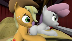 Size: 3840x2160 | Tagged: questionable, apple bloom, applejack, sweetie belle, 3d, :p, anonymous artist, apple, derpibooru exclusive, earth pony, eating, female, filly, foal, foalcon, food, g4, high res, implied analingus, implied oral, implied sex, imported from derpibooru, lesbian, mare, pony, ship:sweetiejack, shipping, source filmmaker, sweet apple acres barn, tongue out, unicorn