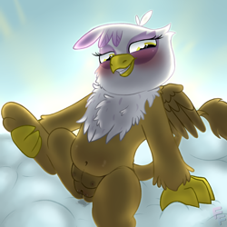 Size: 3000x3000 | Tagged: explicit, artist:ponykittenboi, belly, belly button, blushing, chest fluff, chickub, chickub gilda, cloud, crotchboobs, derpibooru exclusive, foalcon, g4, gilda, griffon, high res, imported from derpibooru, lifting leg, nipples, nudity, smiling, smirk, solo, spread legs, spreading, teats, vaginal secretions, vulva, wet, young gilda, younger
