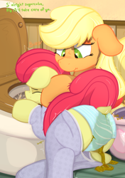 Size: 1518x2160 | Tagged: grotesque, questionable, artist:not_texmex, apple bloom, applejack, accident, alternate version, bathroom, blue underwear, butt, caring for the sick, clothes, derpibooru exclusive, diarrhea, dock, earth pony, emetophilia, female, fetish, filly, foal, foalcon, g4, imported from derpibooru, messing, pajamas, panties, pants, pants down, pantypoop, plot, pony, poop, pooping, potty failure, scat, sick, striped panties, tail, toilet, underwear, vomit, vomiting