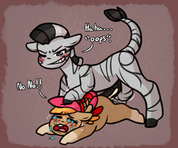 Size: 1706x1422 | Tagged: explicit, grimdark, artist:faerienougat, oc, oc:apple tart, oc:isha, age difference, creampie, crying, cum, doggy style, duo, female, filly, foal, foalcon, freckles, from behind, held down, imported from derpibooru, interspecies, male, mare, oc only, oc x oc, offspring, parent:apple bloom, parent:faerie nougat, parents:canon x oc, pegasus, penetration, pony, rape, sex, size difference, spread wings, stallion, stallion on filly, straight, unwanted cumshot, vaginal, wingboner, wings, zebra, zebradom