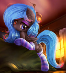 Size: 1221x1351 | Tagged: explicit, artist:darkstylerz, oc, oc:midnight bloom, bed, butt, clothes, commission, female, filly, foal, foalcon, imported from derpibooru, nudity, oc only, pegasus, plot, pony, socks, striped socks, underwear, vulva, ych result