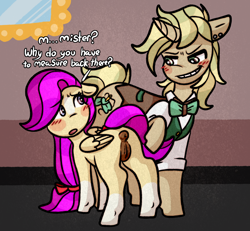 Size: 1822x1680 | Tagged: explicit, artist:faerienougat, oc, oc:fairy slipper, oc:handsome bow, age difference, anatomically correct, anus, butt, duo, evil smile, female, filly, floppy ears, foal, foalcon, grin, imported from derpibooru, looking at each other, looking at someone, male, nervous, nudity, oc only, pegasus, plot, ponut, pony, raised tail, rear view, size difference, smiling, stallion, stallion on filly, straight, tail, this will end in rape, unicorn, vulva