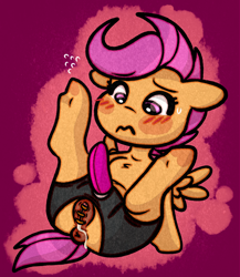 Size: 1109x1278 | Tagged: explicit, artist:faerienougat, scootaloo, 3:, anus, bdsm, butt, chastity, chastity piercing, female, filly, foal, foalcon, g4, genital piercing, genitals, imported from derpibooru, labia piercing, looking down, mare, nervous, nervous sweat, nudity, pegasus, piercing, plot, ponut, pony, sex toy, solo, solo female, spread legs, spread wings, spreading, strapon, sweat, sweatdrop, vaginal piercing, vaginal secretions, vulva, wingboner, wings