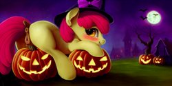 Size: 2048x1024 | Tagged: explicit, apple bloom, ai composition, ai content, anus, bat, bloom butt, blushing, butt, clitoris, dock, earth pony, female, filly, foal, foalcon, g4, generator:stable diffusion, halloween, hat, holiday, imported from derpibooru, jack-o-lantern, looking at you, looking back, looking back at you, moon, nightmare night, nudity, plot, ponut, pony, pumpkin, smiling, tail, tree, vagina, vaginal secretions, vulva, vulvar winking, witch hat