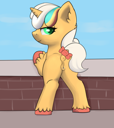 Size: 3000x3368 | Tagged: explicit, artist:dumbwoofer, anatomically correct, anus, bow, brick wall, butt, clitoris, dock, ear fluff, female, filly, flank, foal, foalcon, g4, g5, g5 to g4, generation leap, high res, imported from derpibooru, leaning on wall, looking at you, looking back, looking back at you, nudity, peach fizz, plot, pony, presenting, raised tail, sky, smiling, smiling at you, solo, solo female, tail, tail bow, unicorn, unshorn fetlocks, vagina, vulva, vulvar winking