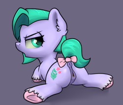 Size: 2600x2200 | Tagged: explicit, artist:dumbwoofer, anatomically correct, anus, bow, butt, clitoris, dock, ear fluff, earth pony, female, filly, foal, foalcon, g4, g5, g5 to g4, generation leap, grumpy, high res, imported from derpibooru, looking at you, looking back, looking back at you, lying down, nose wrinkle, nudity, open mouth, plot, pony, presenting, prone, raised tail, scrunchy face, seashell (g5), simple background, solo, solo female, spread legs, spreading, tail, tail bow, underhoof, unshorn fetlocks, vagina, vulva, vulvar winking