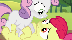 Size: 1280x720 | Tagged: explicit, artist:doggypie, apple bloom, sweetie belle, earth pony, edit, edited screencap, exhibitionism, female, foal, foalcon, futa, futa apple bloom, g4, genitals, imported from derpibooru, intersex, nudity, penetration, penis, pony, public sex, screencap, sex, ship:sweetiebloom, shipping, vaginal