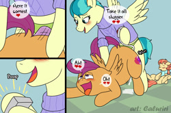Size: 1280x845 | Tagged: explicit, artist:caluriri, scootaloo, comic:love it here in ponyville, age difference, anal insertion, aunt and niece, aunt holiday, auntie lofty, butt, comic, cum inflation, cumtube, earth pony, fake cum, female, filly, foal, foalcon, g4, genitals, imported from derpibooru, incest, inflation, insertion, lesbian, mare, mare on filly, masturbation, nudity, pegasus, plot, pony, pony on pony action, scootacest, sex toy, strapon, vulva