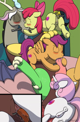 Size: 845x1280 | Tagged: explicit, artist:caluriri, apple bloom, scootaloo, sweetie belle, age difference, anal, anal fingering, bloomcord, blowjob, butt, cunnilingus, cutie mark crusaders, discord, discord gets all the mares, draconequus, earth pony, female, female on male, fingering, foalcon, french kiss, g4, herm, imported from derpibooru, intersex, kiss on the lips, kissing, male, male herm, nudity, oral, pegasus, penetration, penis, plot, pony, scootacord, sex, shipping, straight, sweetiecord, unicorn, vaginal secretions