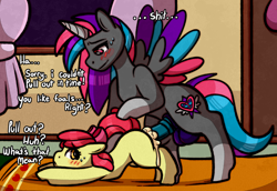 Size: 1902x1312 | Tagged: explicit, artist:faerienougat, apple bloom, oc, oc:faerie nougat, age difference, alicorn, alicorn oc, blush sticker, blushing, bow, canon x oc, creampie, cum, duo, female, filly, first time, foal, foalcon, futa, futa oc, futa on female, futa on filly, g4, horn, implied impregnation, imported from derpibooru, intersex, leaking cum, looking at each other, looking at someone, mare, mare on filly, nervous, nervous sweat, nudity, penis, pony, raised tail, size difference, spread wings, sweat, sweatdrop, tail, this will end in pregnancy, unwanted cumshot, virgin, wingboner, wings
