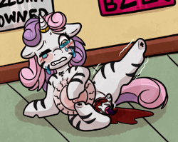 Size: 2000x1594 | Tagged: explicit, grotesque, artist:faerienougat, sweetie belle, belly, big belly, birth, birthing, blood, crying, female, filly, foal, foalcon, g4, gritted teeth, horn, horn ring, hybrid, imported from derpibooru, nudity, one eye closed, pony, preggy belle, pregnant, pregnant foal, queen of spades, queen of stripes tattoo, ring, solo, solo female, striped, tattoo, teeth, unicorn, zebra supremacy, zebradom, zebrified pony, zony