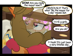 Size: 1500x1163 | Tagged: explicit, artist:sherathoz, button mash, age difference, blank flank, blowjob, colt, commission, desktop, dialogue, earth pony, female, floating heart, foal, foalcon, g4, heart, heart eyes, imported from derpibooru, male, mare, mare on colt, mayor mare, nudity, office, oral, oral penetration, penis, pony, sex, signature, stealth sex, straight, straight shota, stuttering, twitching, under the table, wingding eyes