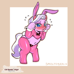 Size: 1200x1200 | Tagged: questionable, artist:cold-blooded-twilight, diamond tiara, blue eyes, blushing, blushing profusely, bow, bunny ears, bunny suit, bunny tail, clothes, cufflinks, earth pony, emanata, female, filly, foal, foalcon, g4, heart pasties, imported from derpibooru, knees pressed together, latex, latex socks, legwear, pasties, pink latex, pink legwear, pink socks, pony, reverse bunny suit, shiny clothes, short shirt, socks, solo, solo female, sweat, sweatdrops, tail, thigh highs