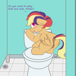 Size: 1500x1500 | Tagged: explicit, artist:ashersketch, oc, oc:crystal rose, anus, bathroom, butt, dialogue, dock, female, filly, foal, foalcon, imported from derpibooru, looking back, nudity, oc only, pegasus, plot, pony, solo, solo female, tail, toilet, vulva