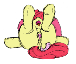Size: 2392x2032 | Tagged: explicit, artist:dtcx97, editor:angrymetal, editor:poniesmemes, apple bloom, anatomically correct, anus, clitoris, color edit, colored, earth pony, edit, female, filly, foal, foalcon, g4, high res, imported from derpibooru, legs in air, lying down, nudity, on back, pony, solo, solo female, tongue out, vagina, vulva