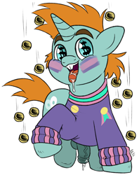 Size: 2378x3000 | Tagged: explicit, artist:ponykittenboi, 2 4 6 greaaat, bits, bucktooth, clothes, colt, derpibooru exclusive, dollar sign, dripping, drool, face paint, fat penis, foal, foalcon, g4, high res, horny, horsecock, imported from derpibooru, male, my little pony: friendship is magic, nudity, open mouth, paint, penis, pins, pony, precum, raised hoof, signature, simple background, snips, solo, solo male, sweater, tongue out, unicorn, white background, wingding eyes