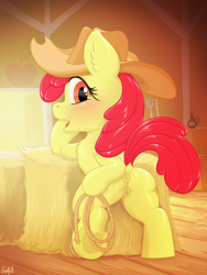 Size: 2448x3264 | Tagged: explicit, artist:golly, apple bloom, art pack:foaling around, anus, blushing, earth pony, female, filly, foal, foalcon, g4, hat, hay bale, high res, imported from derpibooru, looking back, nudity, pony, rope, solo, solo female, vulva