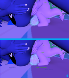 Size: 1920x2156 | Tagged: explicit, artist:fuzeamateursfm, princess celestia, princess luna, spike, twilight sparkle, 3d, alicorn, anthro, ball expansion, balls, dialogue, diphallic, dragon, dragon on anthro action, female, foalcon, g4, growth, imported from derpibooru, magic, male, multidick, nudity, offscreen character, part of a set, penis, princess cadance, ship:spiluna, shipping, source filmmaker, straight, this will end in pregnancy