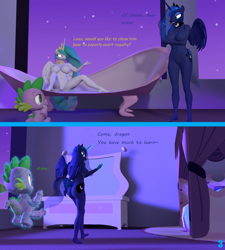 Size: 1920x2130 | Tagged: explicit, artist:fuzeamateursfm, princess celestia, princess luna, spike, 3d, age difference, alicorn, anthro, big breasts, breasts, busty princess celestia, busty princess luna, dialogue, diphallic, dragon, female, foalcon, g4, imminent sex, imported from derpibooru, magic, male, multidick, nipples, nudity, offscreen character, part of a set, penis, princess cadance, ship:spiluna, shipping, source filmmaker, spike gets all the mares, spike gets all the princesses, straight, telekinesis, text