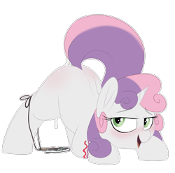Size: 2526x2496 | Tagged: explicit, artist:chaosllama, sweetie belle, ass up, bedroom eyes, bent over, blushing, clothes, female, filly, foal, foalcon, g4, high res, imported from derpibooru, pony, raised tail, simple background, solo, solo female, swimsuit, tail, tail aside, tail trail, teasing, transparent background, two toned mane, two toned tail, unicorn, vaginal secretions