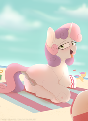 Size: 2890x3990 | Tagged: explicit, artist:chaosllama, scootaloo, sweetie belle, art pack:foaling around, alternate version, anus, beach, beach ball, beach towel, bedroom eyes, blushing, butt, butt blush, clitoris, dock, exhibitionism, female, female focus, filly, foal, foalcon, g4, high res, imported from derpibooru, looking at you, multiple variants, nudity, pegasus, plot, ponut, pony, solo focus, tail, tongue out, two toned mane, two toned tail, unicorn, vaginal secretions, vulva