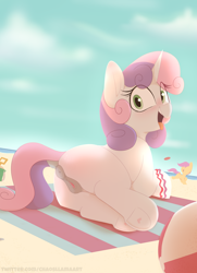 Size: 2890x3990 | Tagged: explicit, artist:chaosllama, scootaloo, sweetie belle, art pack:foaling around, anatomically correct, anus, beach, beach ball, beach towel, blushing, butt, butt blush, clitoris, dock, exhibitionism, female, female focus, filly, foal, foalcon, g4, high res, imported from derpibooru, looking at you, multiple variants, nudity, pegasus, plot, ponut, pony, solo focus, tail, tongue out, two toned mane, two toned tail, unicorn, vulva