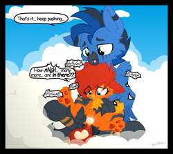 Size: 2000x1783 | Tagged: explicit, artist:sherathoz, oc, oc:amber wing, oc:sagey, age difference, balls, butt, cloud, commission, dialogue, egg, egg laying, eggnant, female, foalcon, griffon, hippogriff, imported from derpibooru, insertion, male, nudity, oc only, oc x oc, outdoors, oviposition, passepartout, paw pads, plot, pregnant, pregnant foal, shipping, sitting, size difference, vaginal insertion, vaginal secretions, young