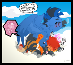 Size: 2000x1783 | Tagged: explicit, artist:sherathoz, oc, oc:amber wing, oc:sagey, age difference, an egg being attacked by sperm, announcing ejaculation, commission, creampie, cum, dialogue, egg cell, female, foalcon, griffon, heart, hippogriff, hippogriff on griffon action, imported from derpibooru, impregnation, interspecies, male, oc x oc, outdoor sex, outdoors, paw pads, penetration, pony, pregnant, sex, shipping, size difference, spermatozoon, straight, vaginal