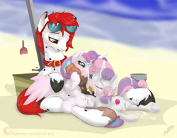 Size: 1200x933 | Tagged: explicit, artist:miniferu, princess flurry heart, sweetie belle, oc, oc:cobalt, age difference, alicorn, anus, beach, blowjob, canon x oc, collar, cum, cum on body, cum on butt, cum on hair, cum on tongue, double blowjob, earth pony, eyes closed, facial, female, ffm threesome, filly, foal, foalcon, g4, glasses, group sex, heart, heart eyes, horsecock, imported from derpibooru, licking, licking cock, lidded eyes, looking down, male, multiple blowjob, nudity, one after another, oral, outdoor sex, outdoors, penis, ponut, pony, sex, stallion, stallion on filly, straight, threesome, tongue out, trio, unicorn, vulva, wingding eyes