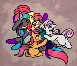Size: 1621x1402 | Tagged: explicit, artist:faerienougat, apple bloom, scootaloo, sweetie belle, oc, oc:faerie nougat, age difference, alicorn, alicorn oc, anatomically correct, anus, bedroom eyes, blowjob, butt, canon x oc, cmc foursome, cock kissing, cum, cum in mouth, cumming, cutie mark crusaders, earth pony, female, filly, filly on futa, foal, foalcon, foursome, futa, futa oc, g4, group sex, heart, heart eyes, holding head, hoof on head, horn, imported from derpibooru, intersex, kissing, licking, licking cock, multiple blowjob, nudity, oral, pegasus, penis, plot, ponut, pony, sex, size difference, spread wings, tongue out, triple blowjob, unicorn, vulva, wingboner, wingding eyes, wings, younger