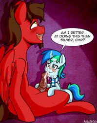 Size: 1913x2406 | Tagged: explicit, artist:anibaruthecat, oc, oc:chip, oc:cyan lightning, age difference, blank flank, blushing, colt, colt on stallion, creampie, cum, cum in mouth, facial, foal, foalcon, gay, implied oc, imported from derpibooru, licking, licking cock, male, nudity, oral, oral creampie, orgasm, pegasus, penis, pony, sex, sitting, smiling, smirk, speech bubble, stallion, text, tongue out, unicorn