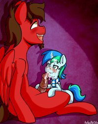 Size: 1913x2406 | Tagged: explicit, artist:anibaruthecat, oc, oc:chip, oc:cyan lightning, age difference, blank flank, blushing, colt, colt on stallion, cum, cum in mouth, facial, foal, foalcon, gay, imported from derpibooru, licking, licking cock, male, nudity, oral, orgasm, pegasus, penis, pony, sex, sitting, smiling, smirk, stallion, tongue out, unicorn