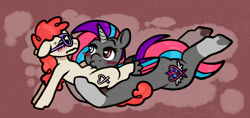 Size: 1718x811 | Tagged: explicit, artist:faerienougat, oc, oc:faerie nougat, age difference, alicorn, alicorn oc, big dom small sub, blush sticker, blushing, canon x oc, cunnilingus, duo, earth pony, eyebrows, eyebrows visible through hair, female, filly, floppy ears, foal, foalcon, futa, futa oc, futa on female, futa on filly, g4, glasses, holding up, horn, imported from derpibooru, intersex, looking at someone, lying down, nudity, oral, pony, sex, size difference, sweat, sweatdrop, twist, vulva, wings
