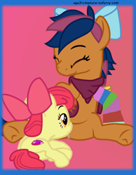 Size: 700x900 | Tagged: explicit, artist:age3rcmature, apple bloom, oc, oc:solar comet, age difference, animated, animated png, bow, earth pony, female, filly, filly on mare, foal, foalcon, g4, hair bow, imported from derpibooru, lesbian, mare, neckerchief, no sound, nudity, oral, pony, sex, vulva, webm