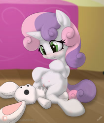 Size: 1015x1200 | Tagged: explicit, artist:miniferu, sweetie belle, cowgirl position, crotchboobs, delicious flat crotch, female, fetish, filly, foal, foalcon, g4, heart, heart eyes, horn, imported from derpibooru, masturbation, nipples, nudity, plushie, plushophilia, pony, solo, solo female, spread legs, spreading, unicorn, vaginal secretions, vulva, wavy mouth, wet, wingding eyes