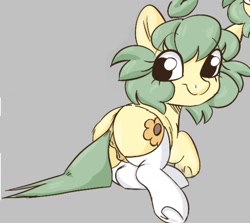 Size: 1500x1339 | Tagged: explicit, artist:mushy, oc, oc:pea, anatomically correct, anus, butt, clothes, dock, earth pony, female, filly, foal, foalcon, gray background, imported from derpibooru, legwear, nudity, oc only, plot, ponut, pony, raised tail, realistic anatomy, simple background, smiling, socks, solo, solo female, tail, thigh highs, vulva